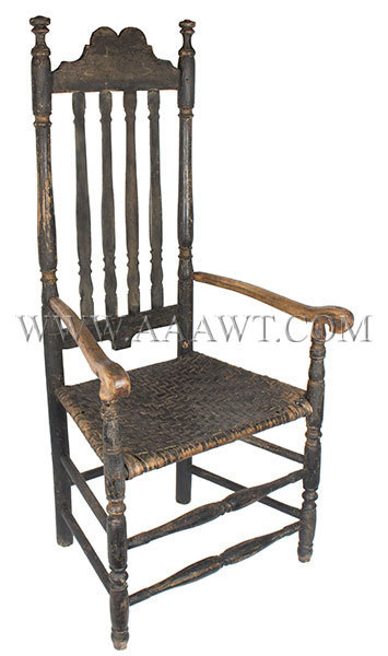 Banister Back Armchair, Shaped Crest, Carved Arms, Crusty Painted Surface
New England, found in Connecticut
Circa 1730, entire view